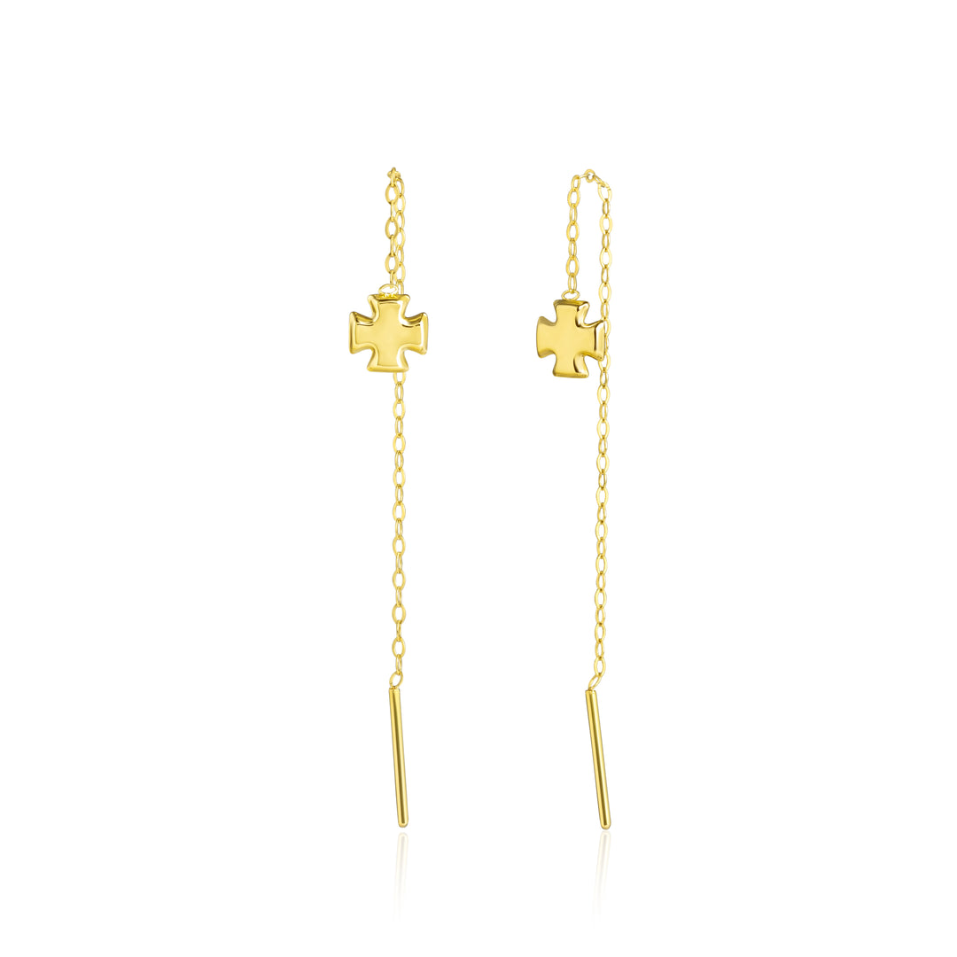 18K Real Gold Hanging Cross Earrings