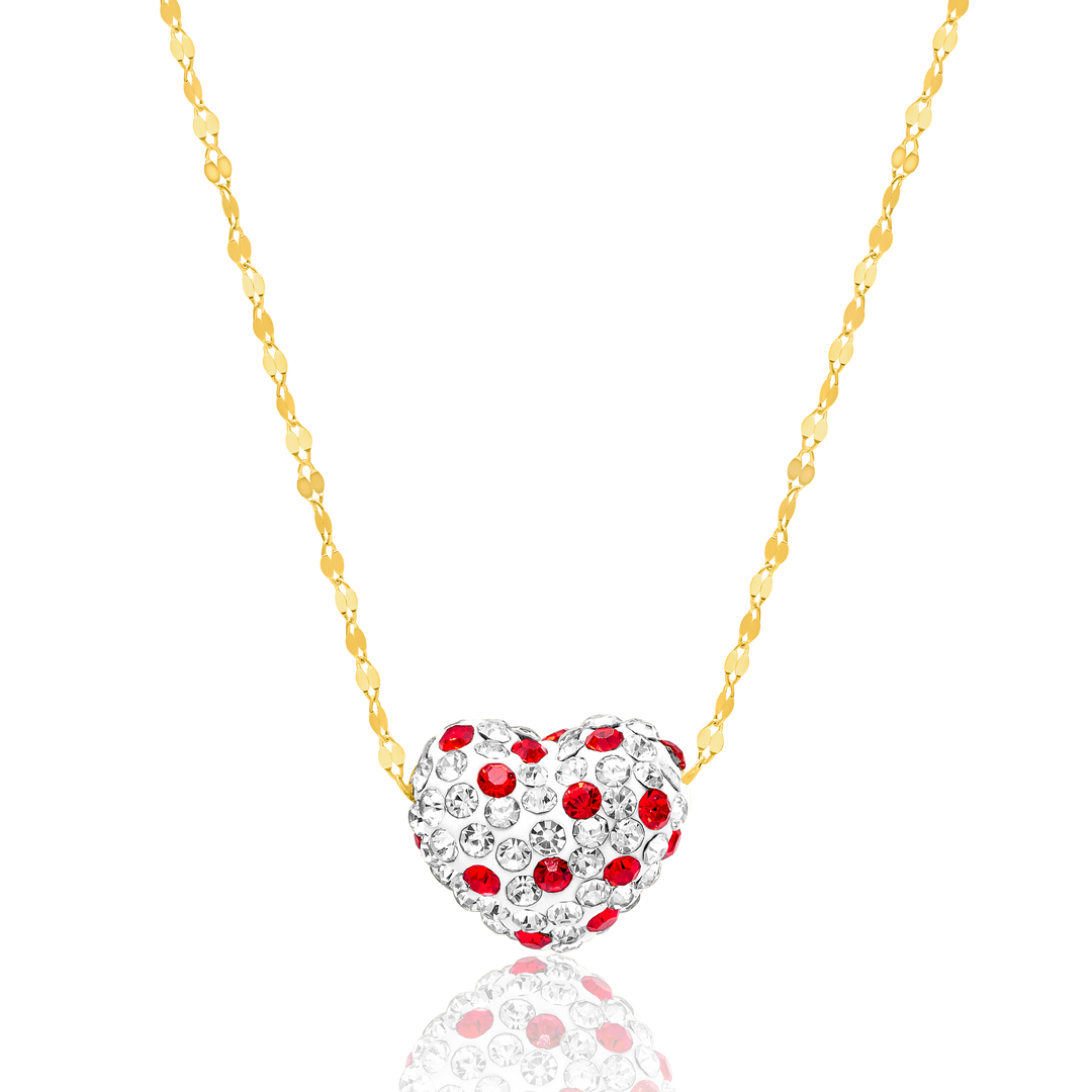 18K Real Gold Swarski White With Red Heart Necklace
