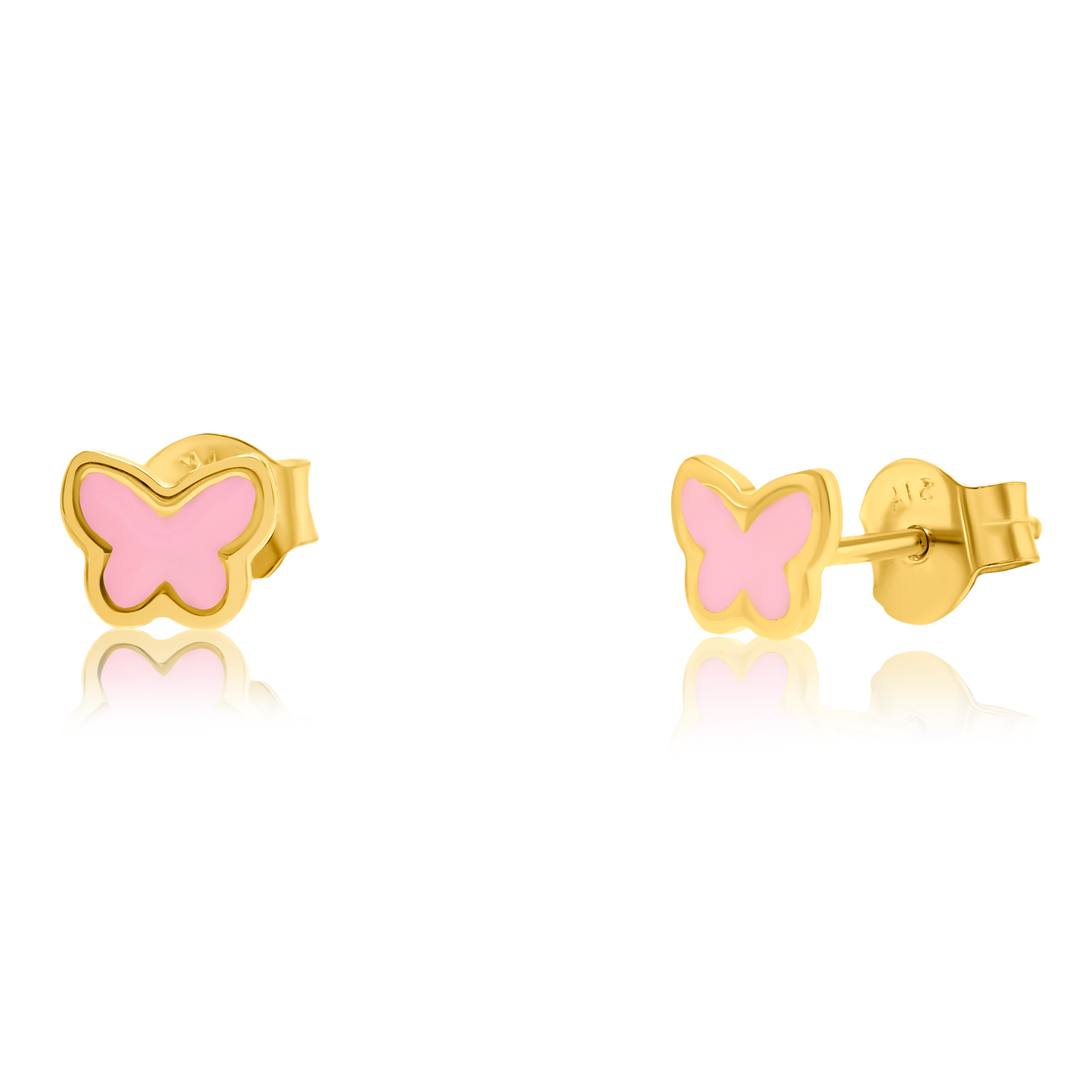21K Real Gold Pink Butterfly Stud Earring Set