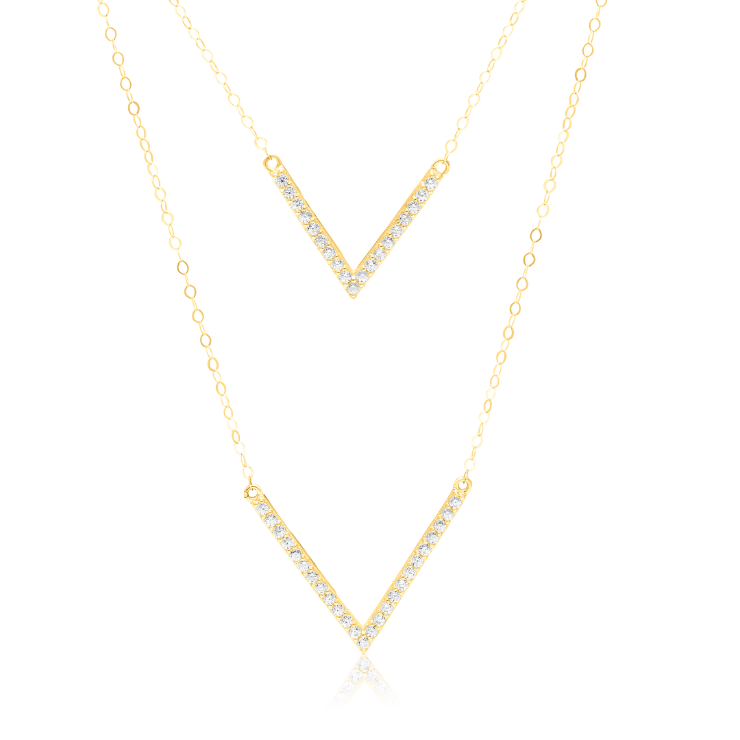 18K Real Gold 2 Layer V Stone Necklace