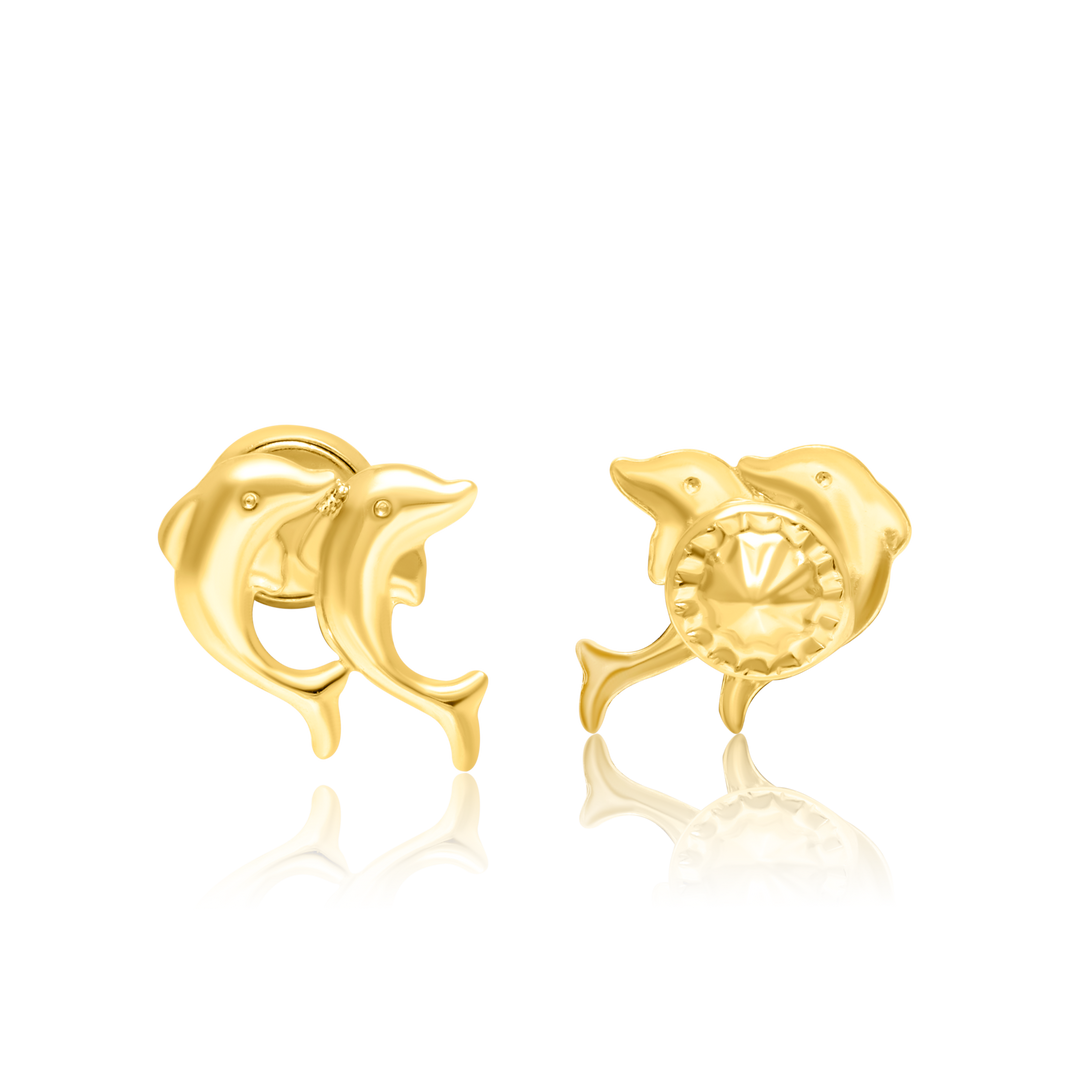 18K Real Gold Dolphin Screw Earring Set