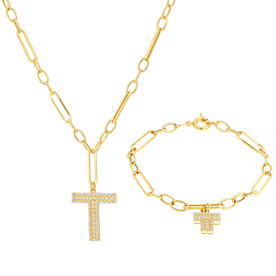 18K Real Gold Linked Cross Stone Jewelry Set