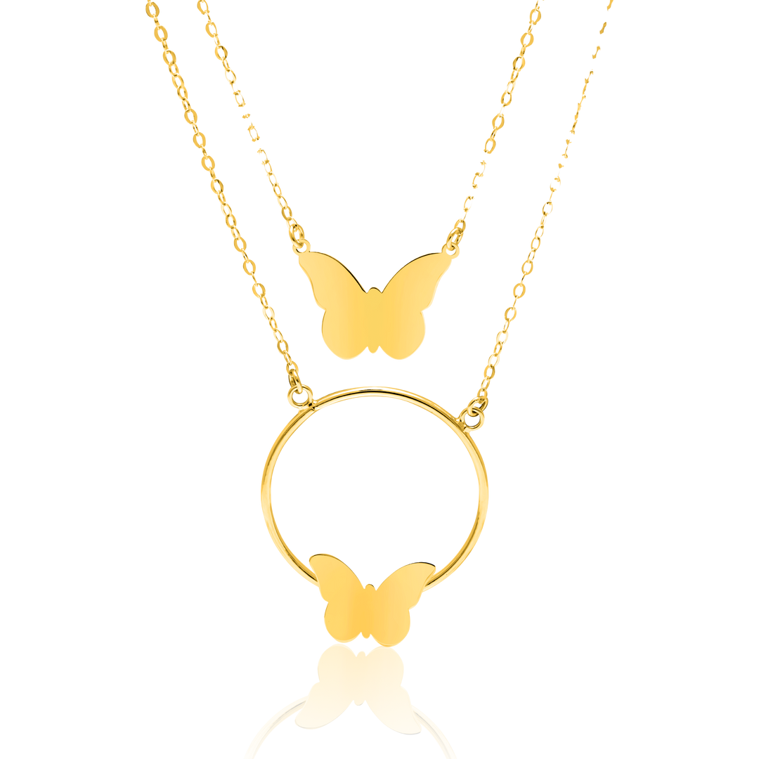 18K Real Gold 2 Layer Butterfly Ring Necklace
