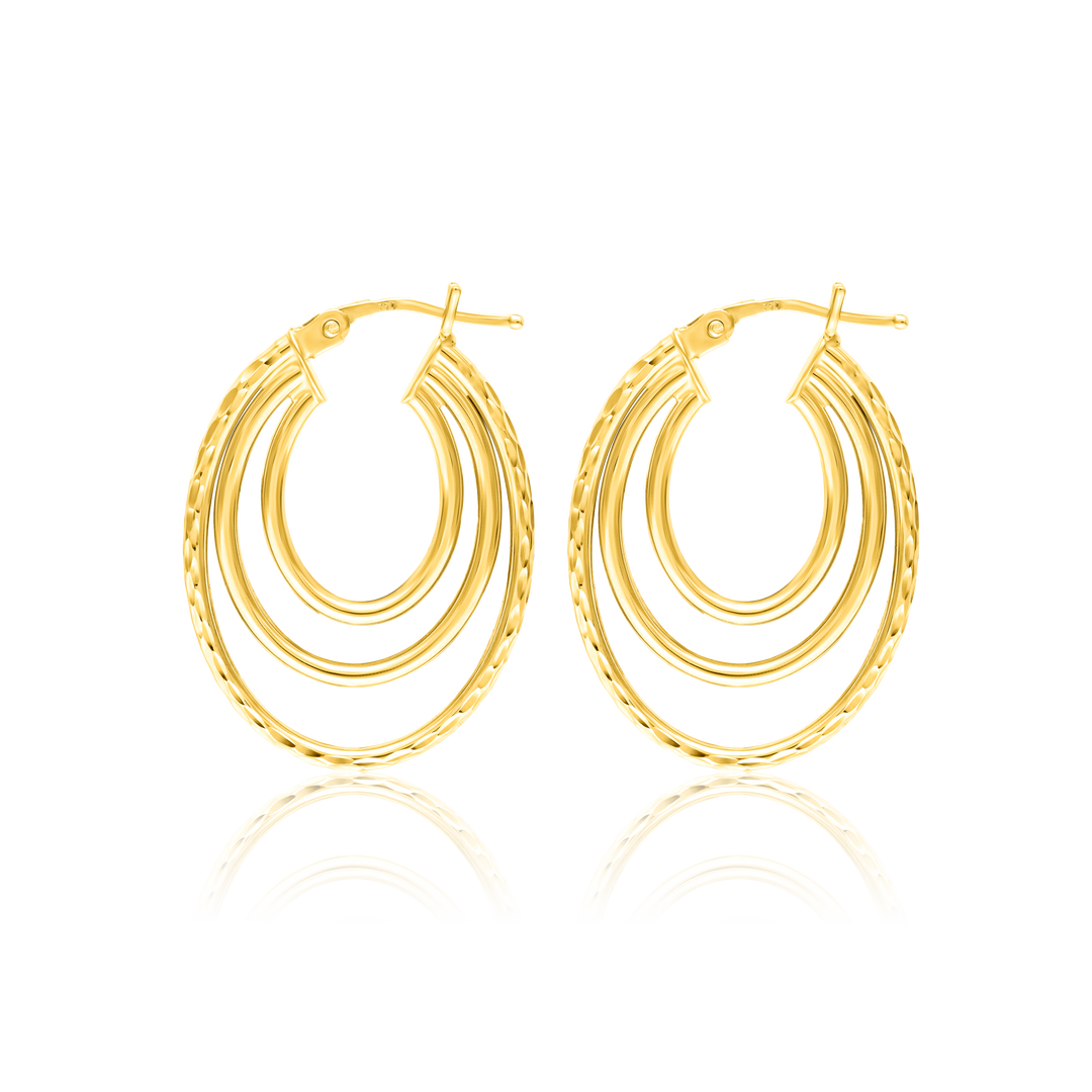 18K Real Gold 3 Layer Oval Earring Set