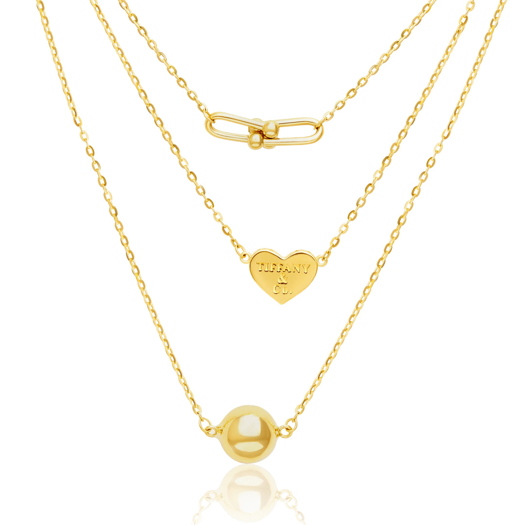 18K Real Gold 3 Layer Necklace (Heart, U-Link, Ball)