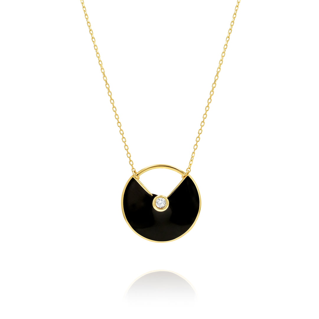 18K Real Gold Round Black Stone Necklace
