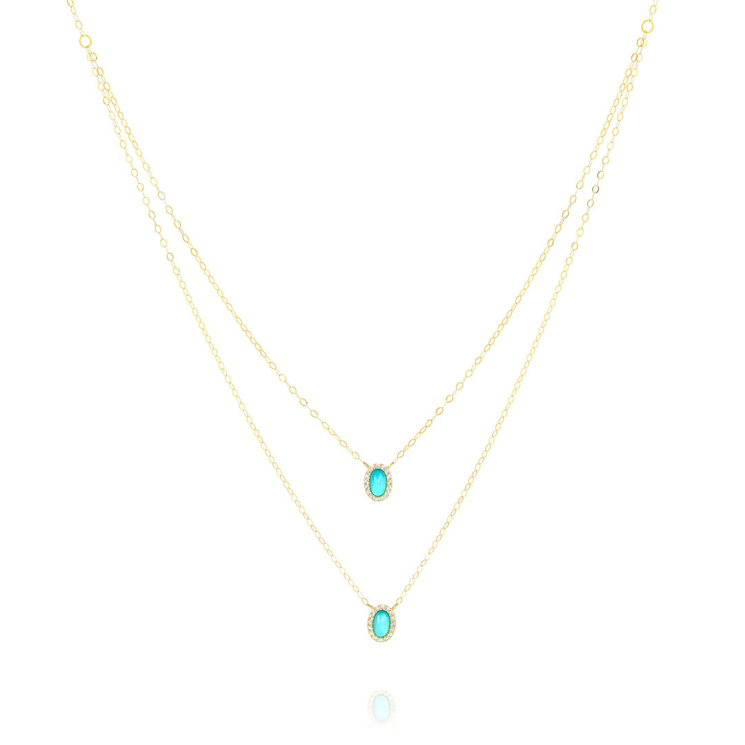 18K Real Gold 2 Layer Light Blue Stone Necklace