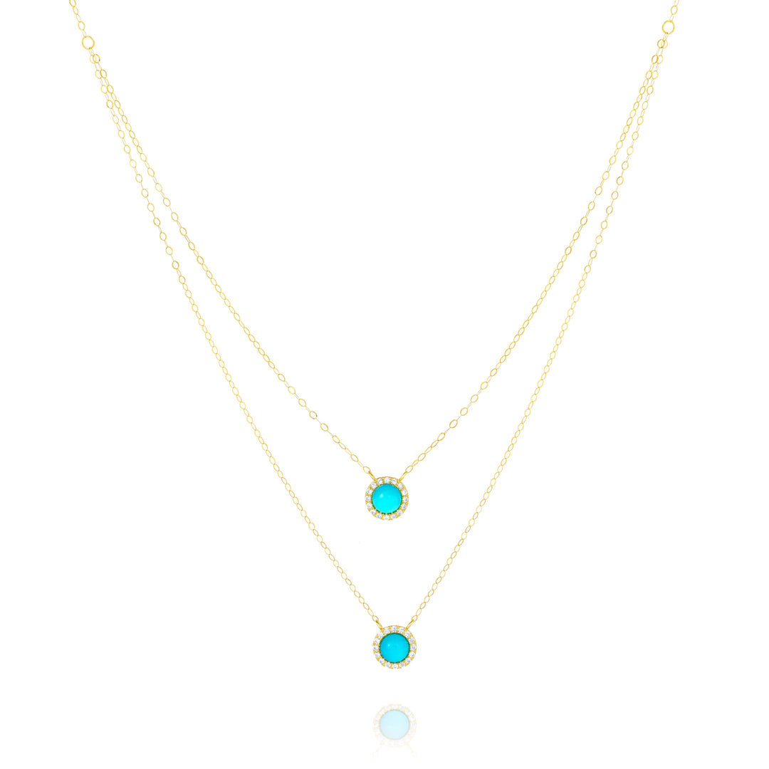 18K Real Gold 2 Layer Round Light Blue Stone Necklace