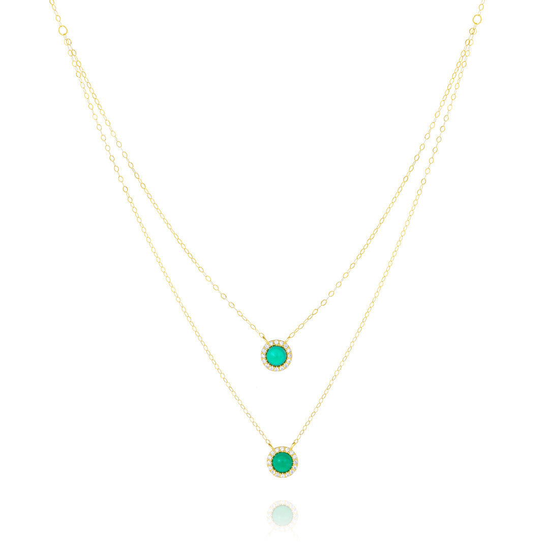 18K Real Gold 2 Layer Round Green Stone Necklace