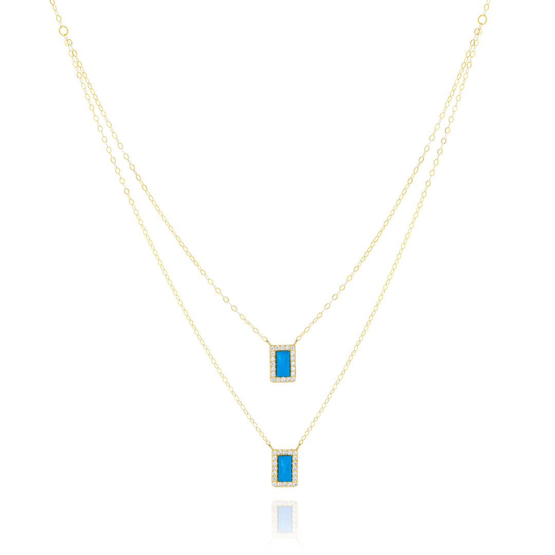 18K Real Gold 2 Layer Square Blue Stone Necklace