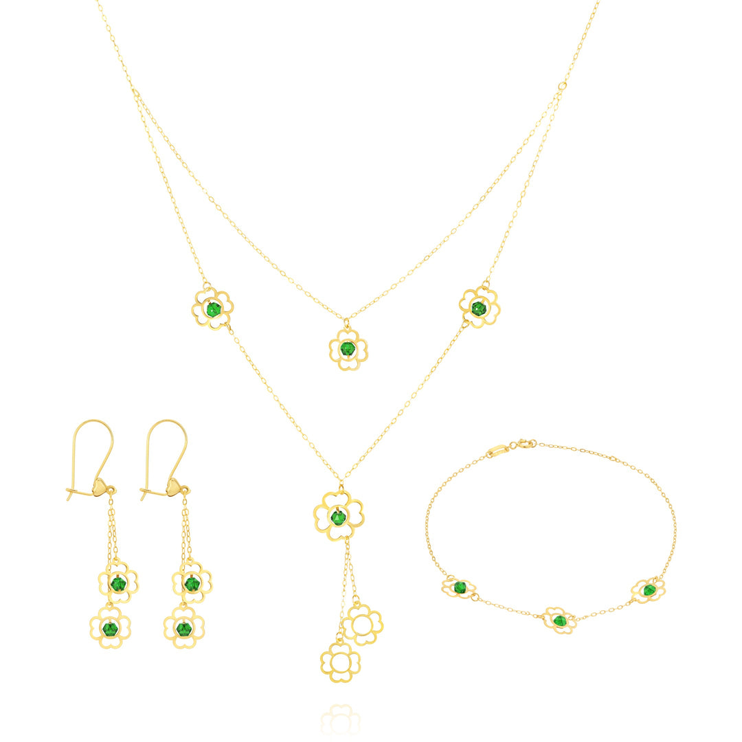 18K Real Gold Green Stone Flower Jewelry Set