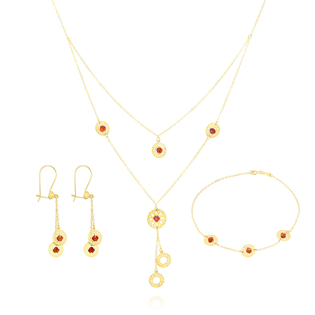18K Real Gold Red Stone Round Jewelry Set