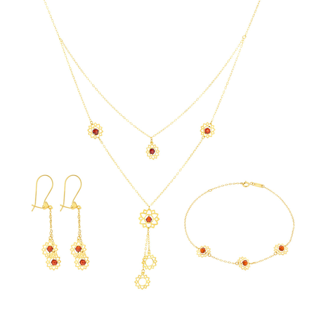 18K Real Gold Red Stone Flower Jewelry Set