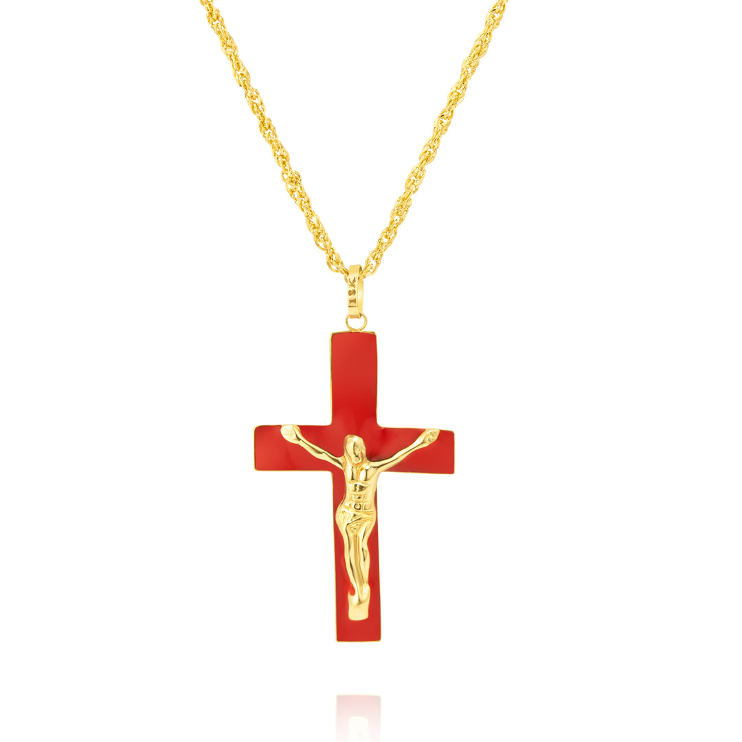 18K Real Gold Red Jesus Cross Necklace