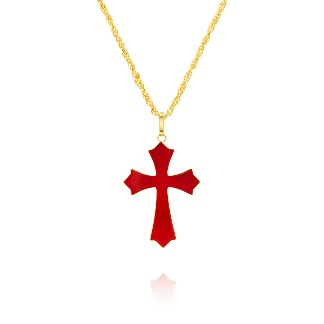 18K Real Gold Red Cross Necklace