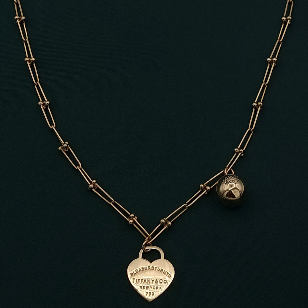 18K Real Gold Ball & Heart Linked Necklace