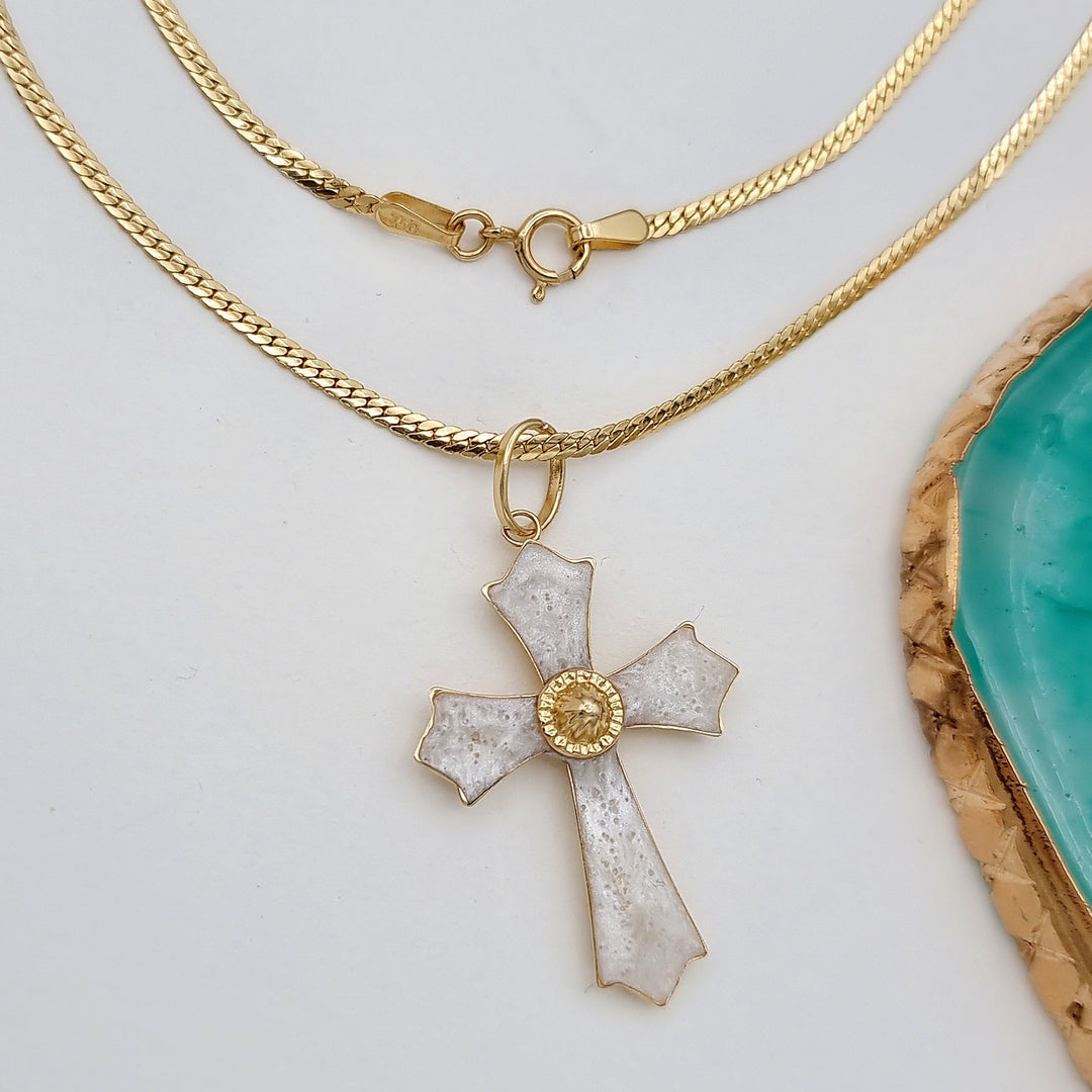 18K Real Gold 2 Color Cross Necklace