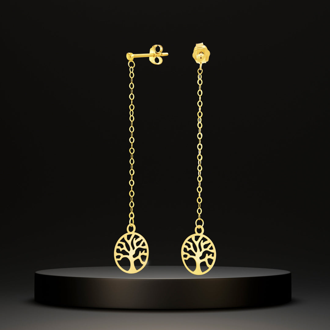 18K Real Gold Hanging Tree Earring Set