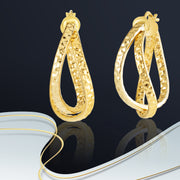 18K Real Gold Twisted Oval Loop Earring Set