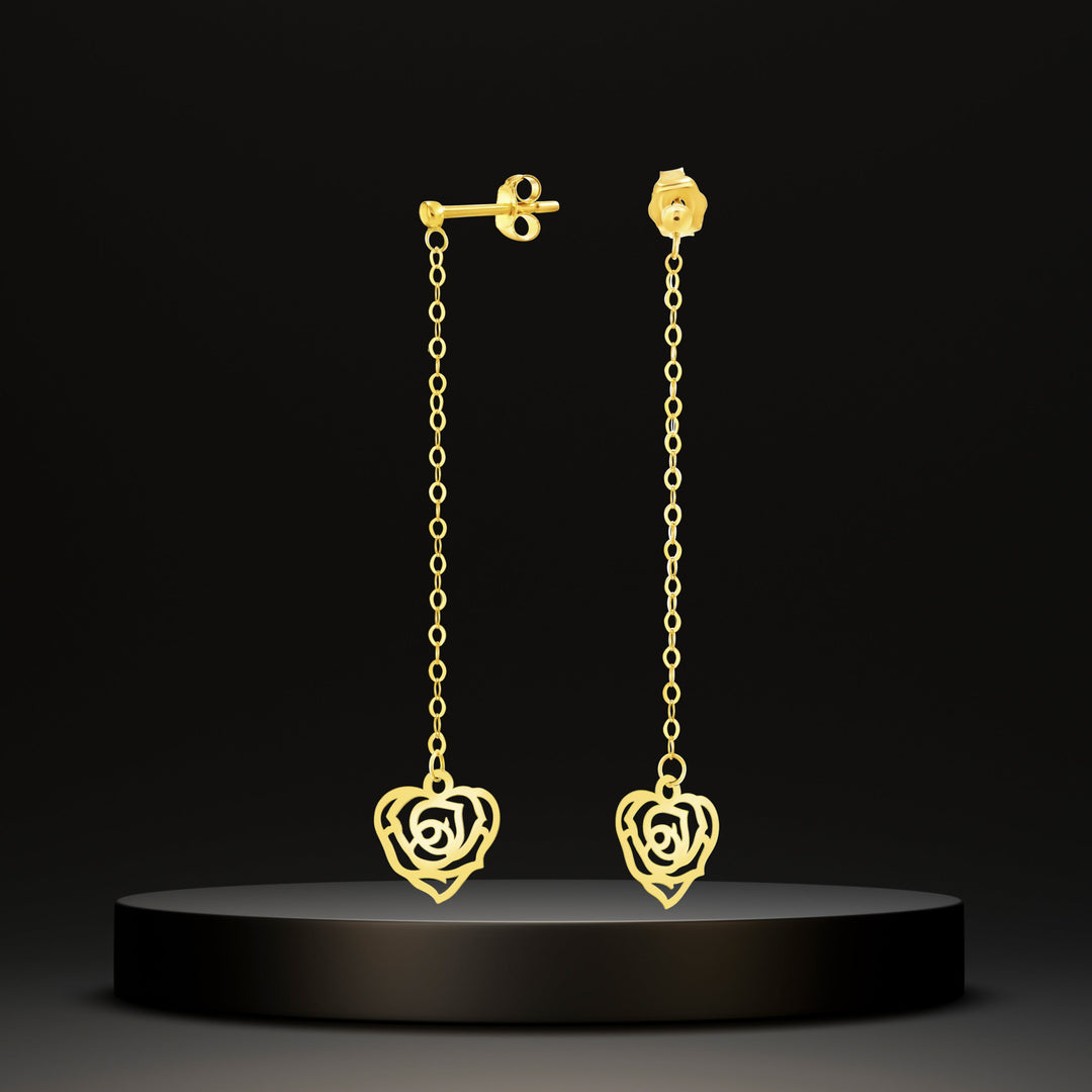 18K Real Gold Hanging Heart Earring Set
