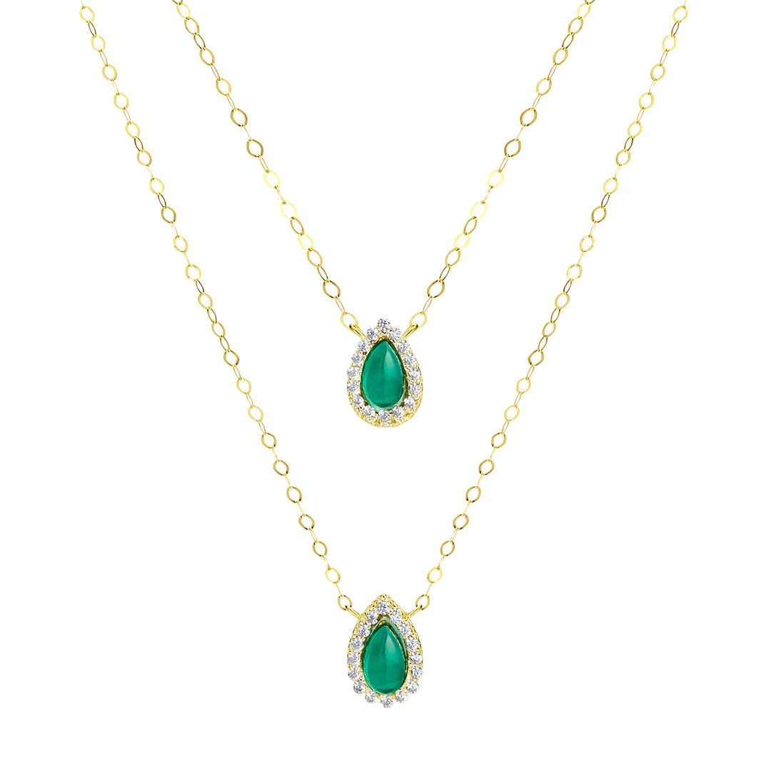 18K Real Gold 2 Layer Green Stone Necklace