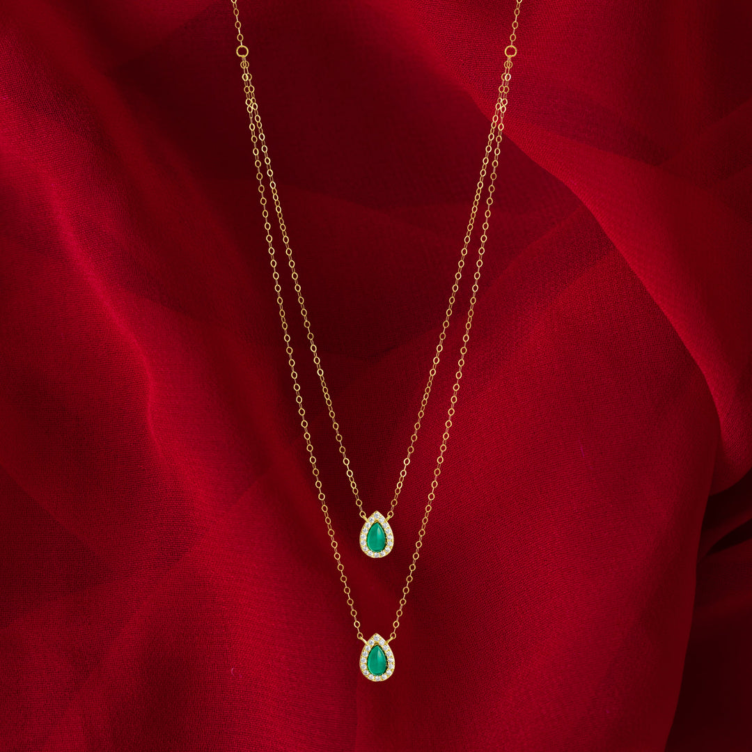 18K Real Gold 2 Layer Green Stone Necklace