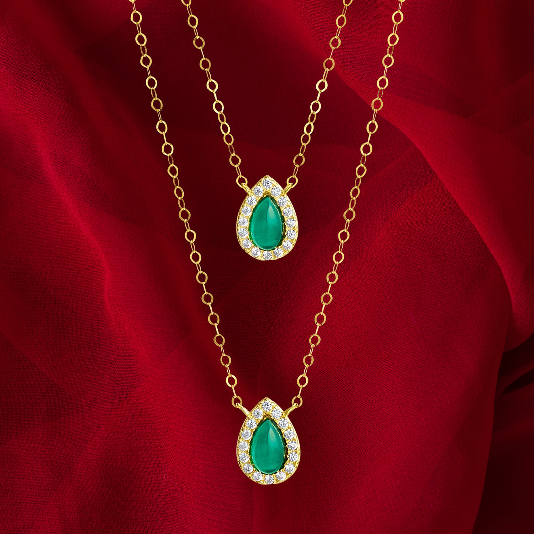 18K Real Gold 2 Layer Green Stone Necklace