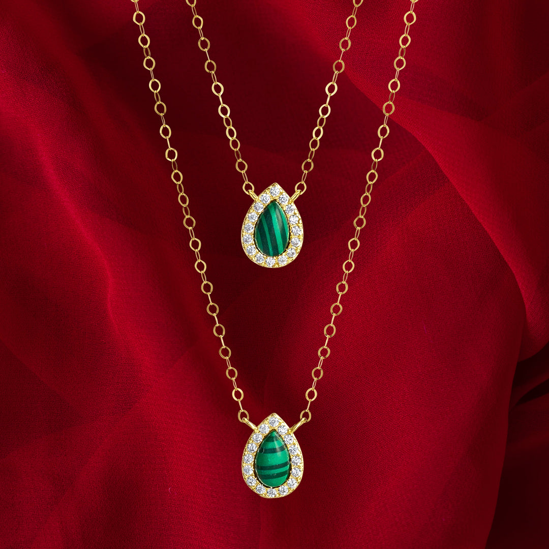 18K Real Gold 2 Layer Green Stone Necklace
