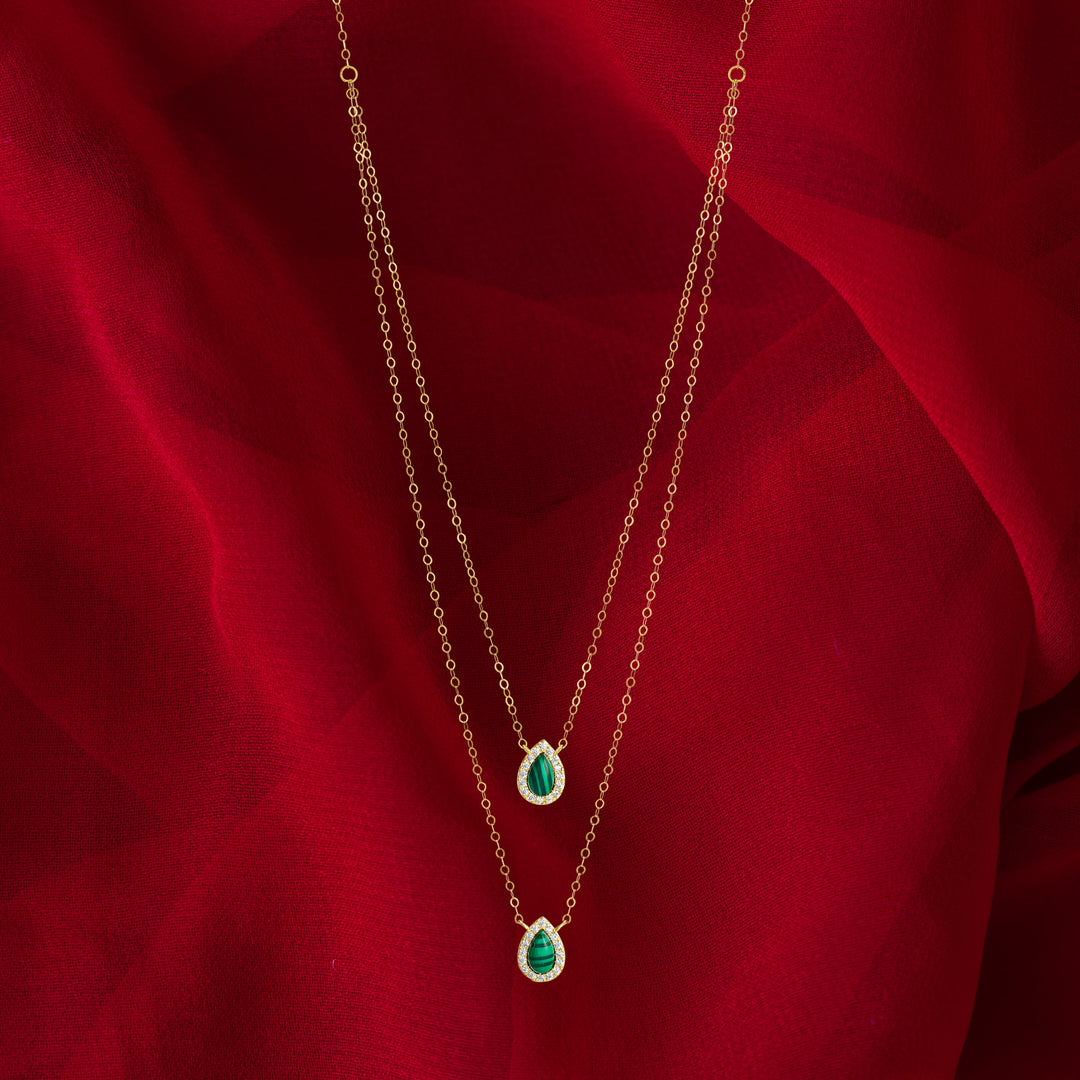 18K Real Gold 2 Layer Green Stone Necklace