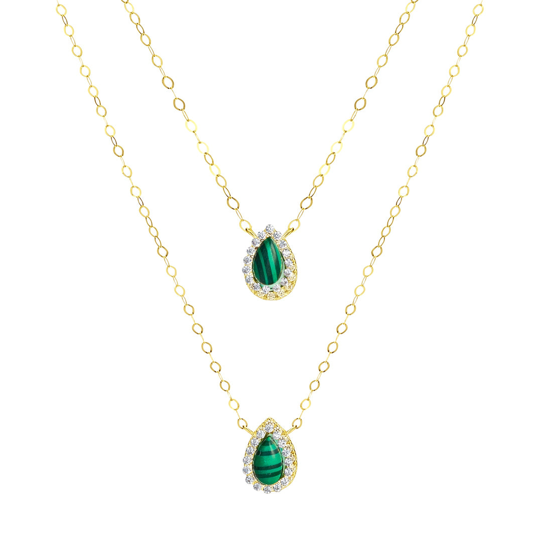 18K Real Gold 2 Layer Green Stone Necklace