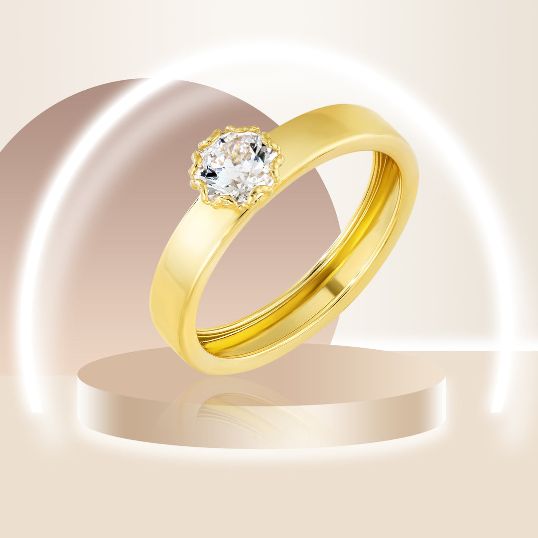 18K Real Gold Fine Round Stone Ring