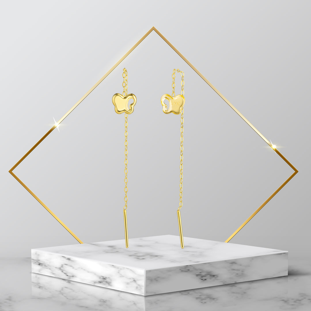 18K Real Gold Hanging Butterfly Earrings