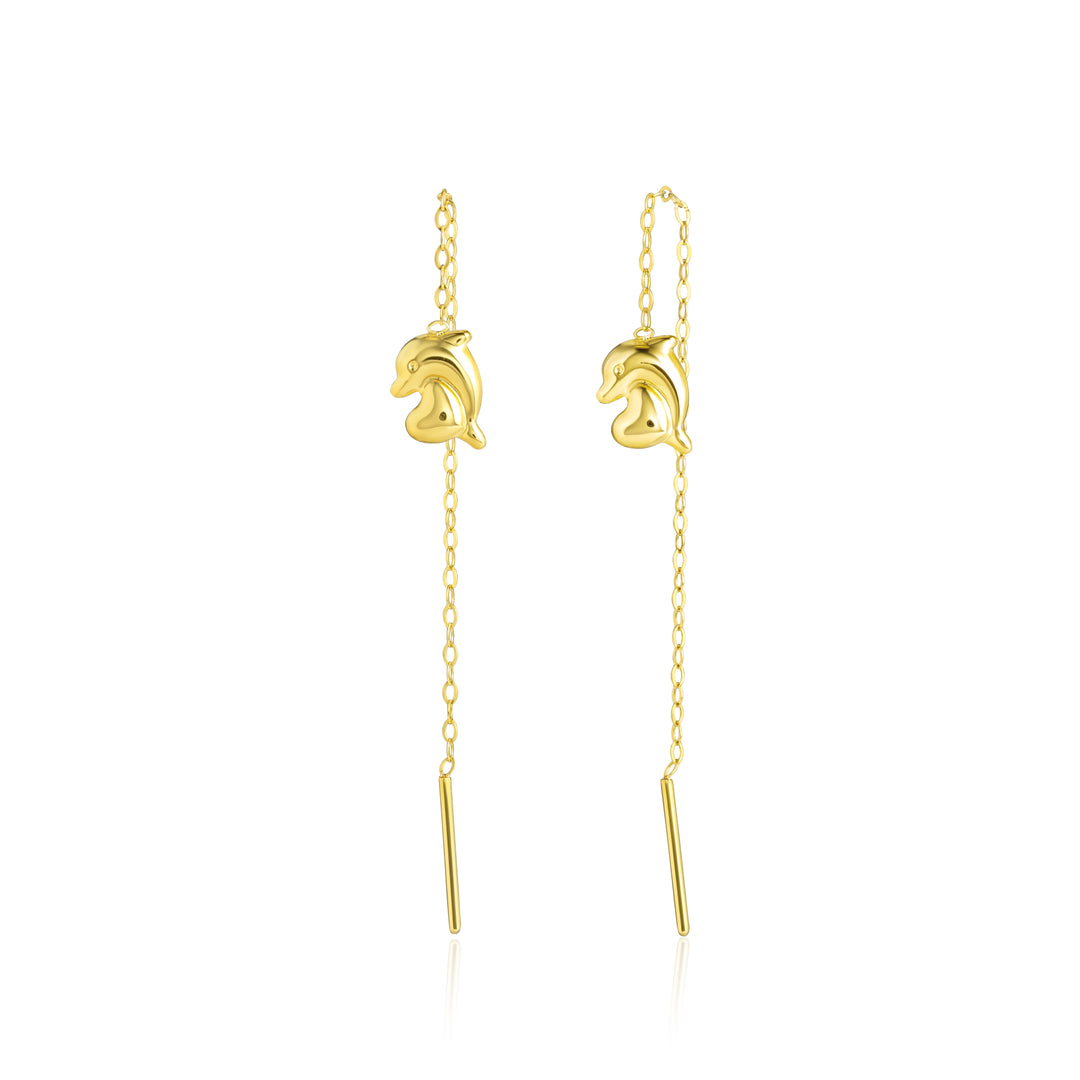18K Real Gold Hanging Dolphin Earrings