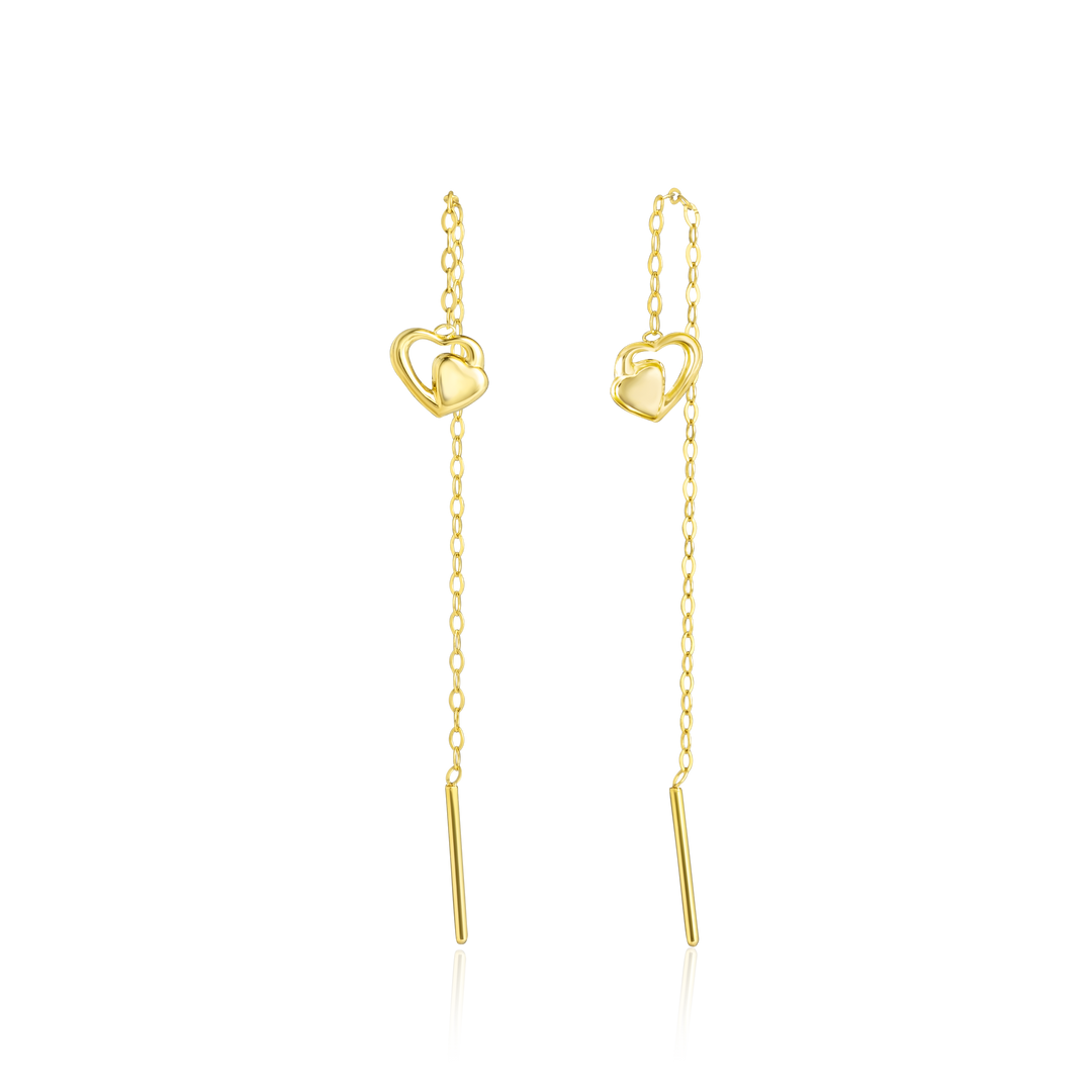 18K Real Gold Hanging Double Heart Earrings