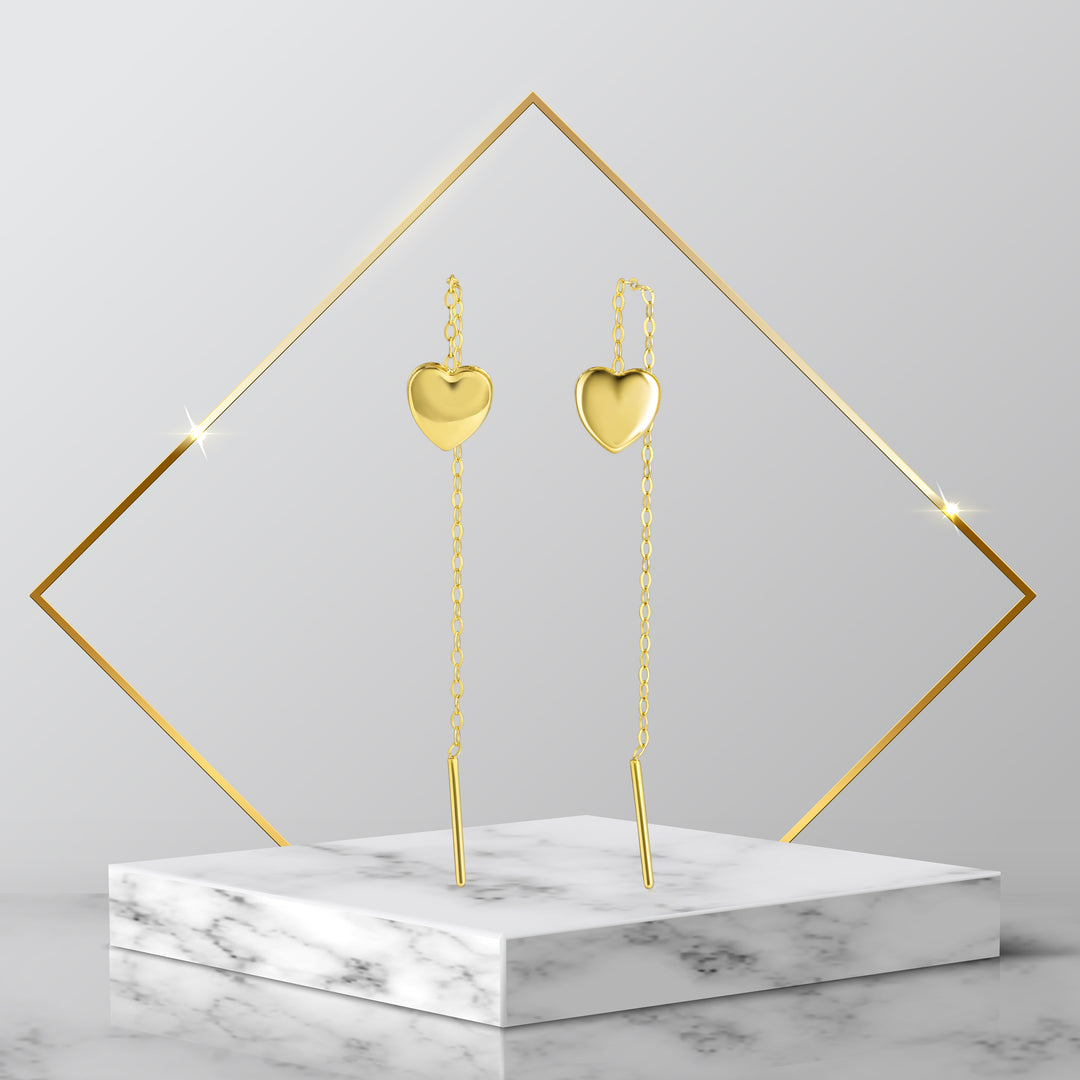 18K Real Gold Hanging Heart Earrings
