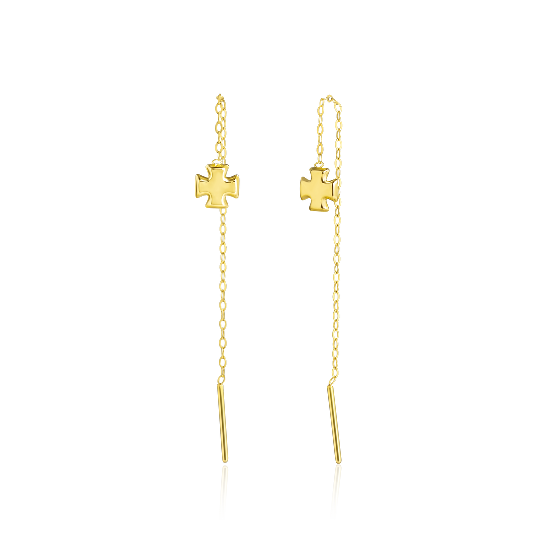 18K Real Gold Hanging Cross Earrings
