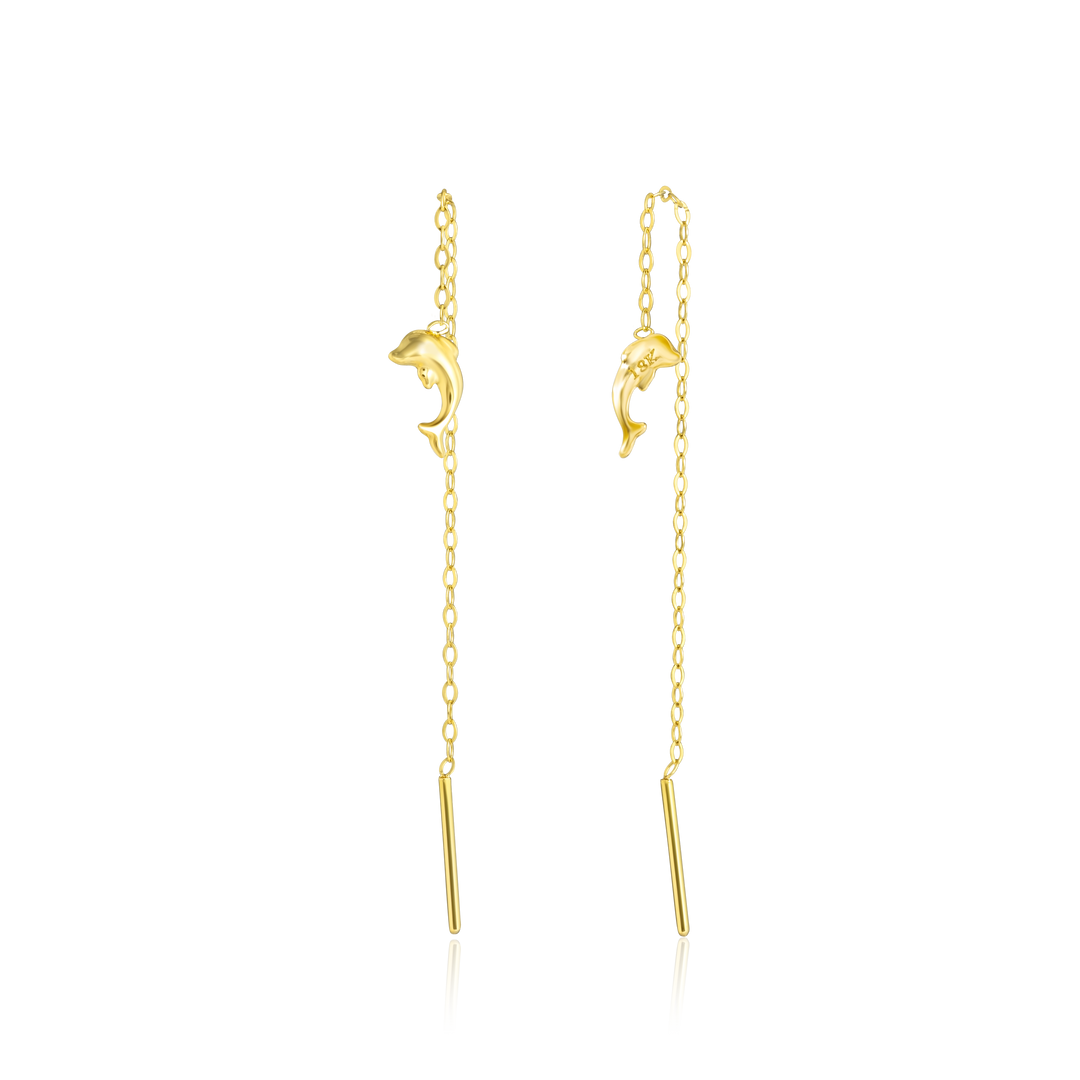 18K Real Gold Hanging Dolphin Earrings