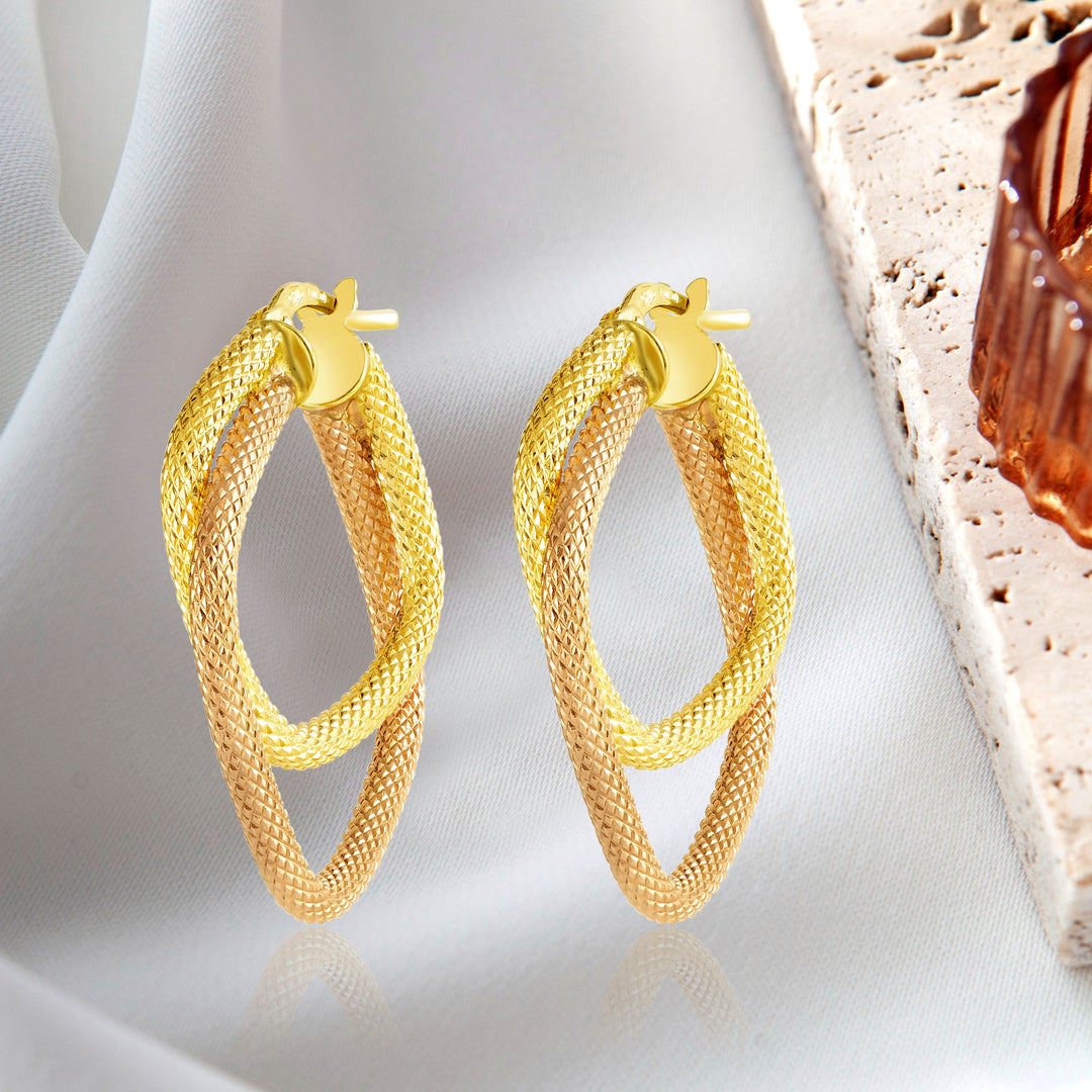 18K Real Gold 2 Color Square Earrings