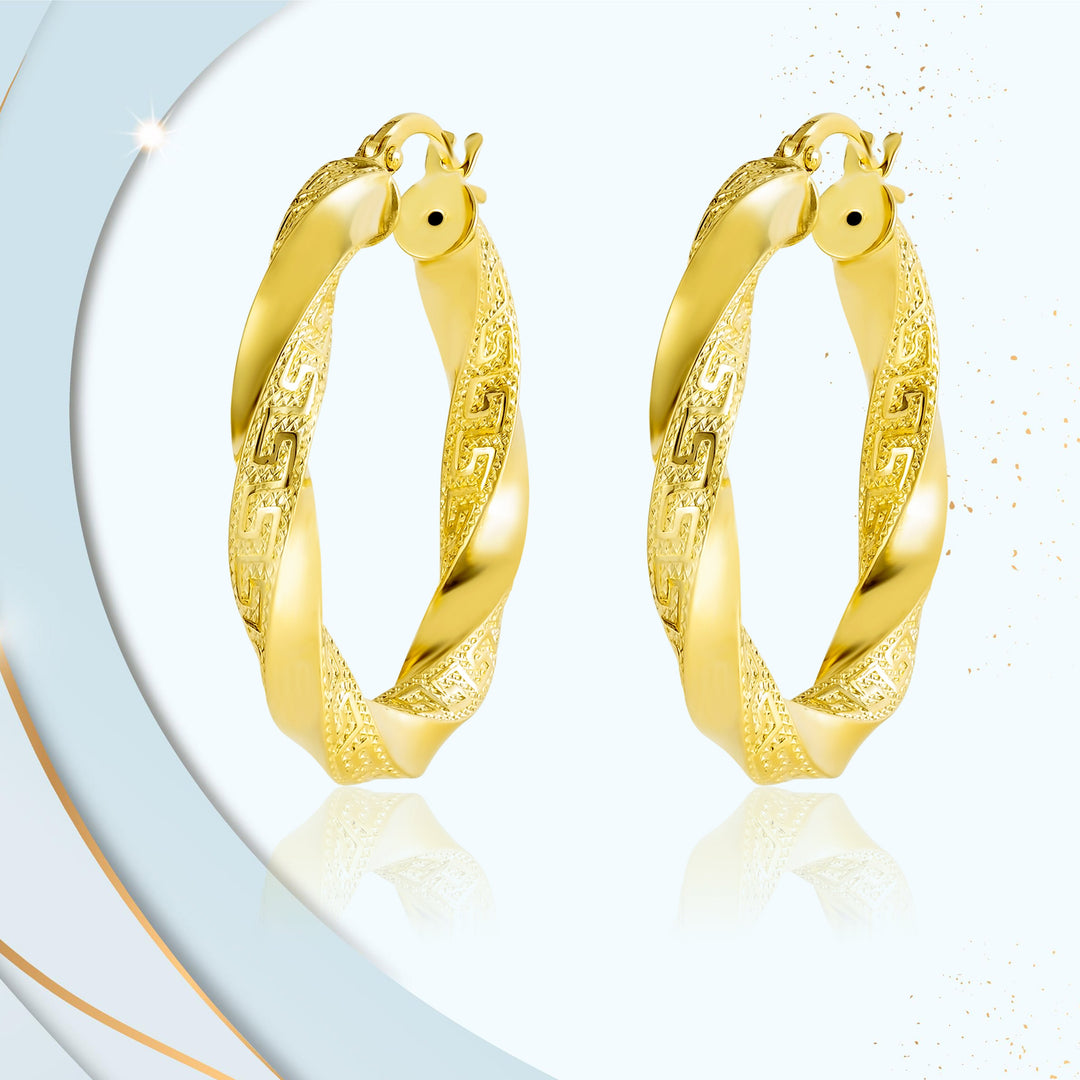 18K Real Gold Round Twisted Loop Earring Set