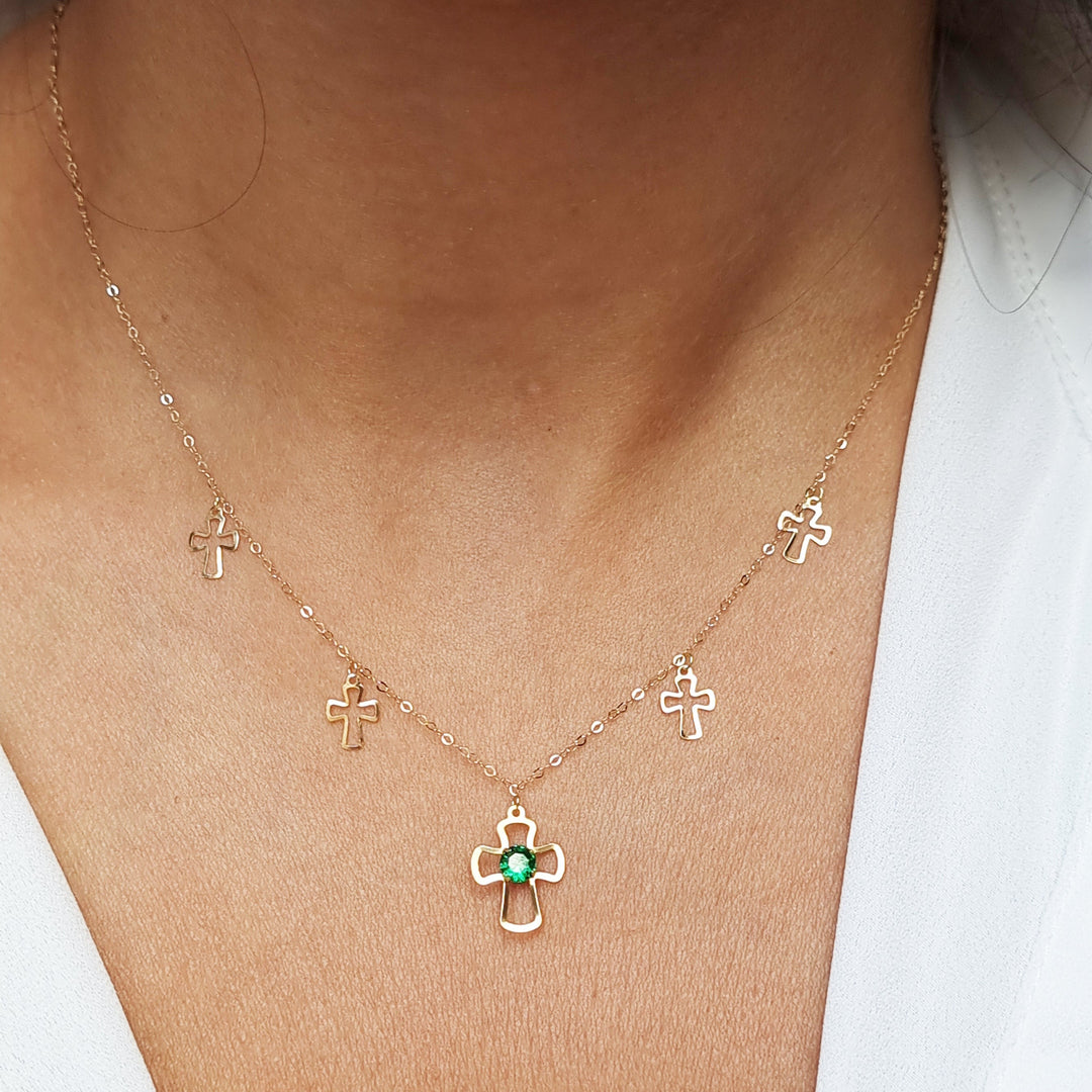 18K Real Gold Green Stone Cross Necklace