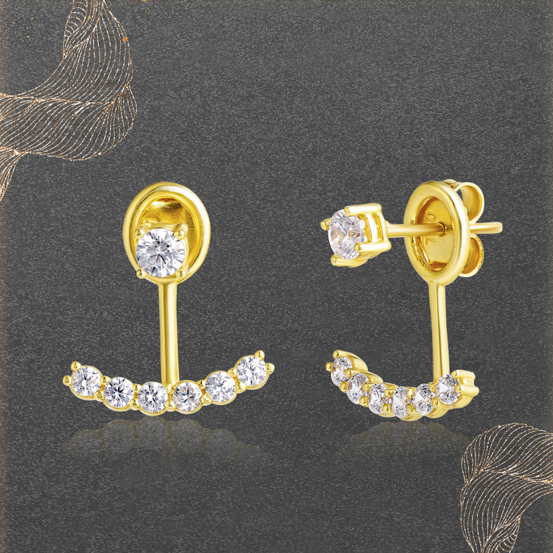 18K Real Gold Curved Arc Stone Earrings