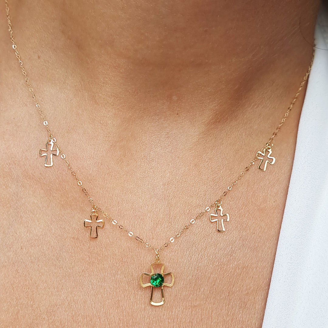 18K Real Gold Green Stone Cross Necklace
