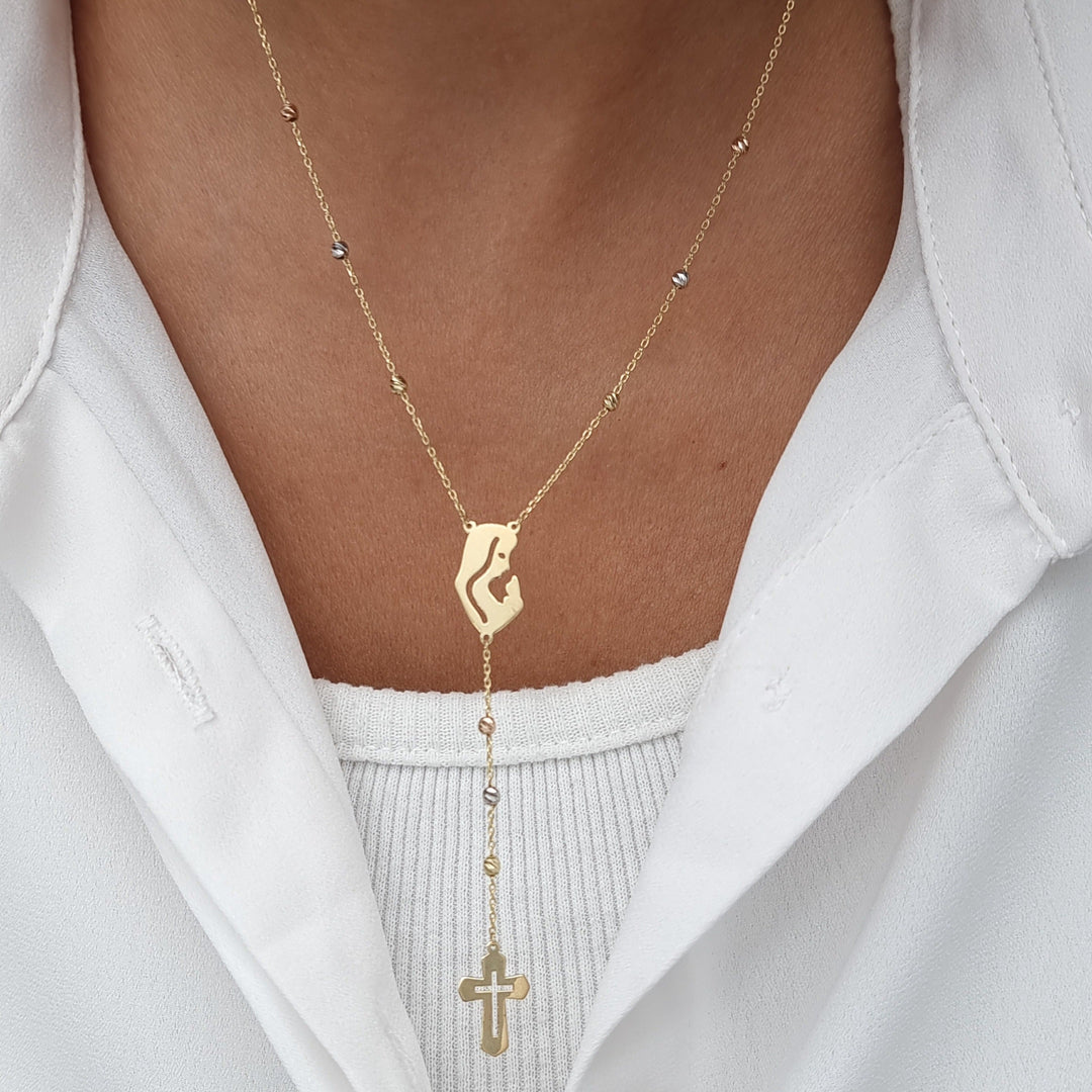 18K Real Gold Elegant Mama Mary Cross Necklace