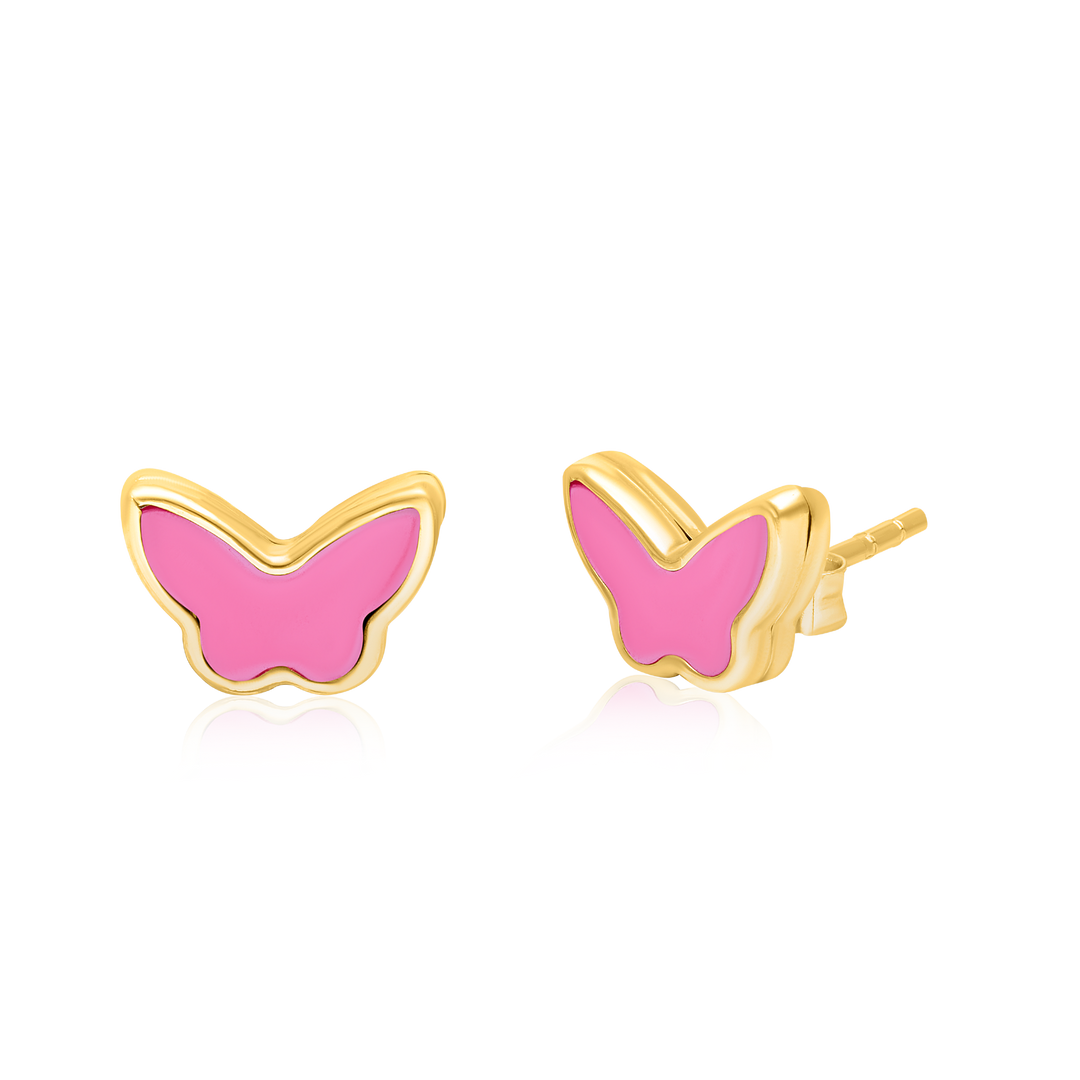 18K Real Gold Pink Butterfly Earring Set