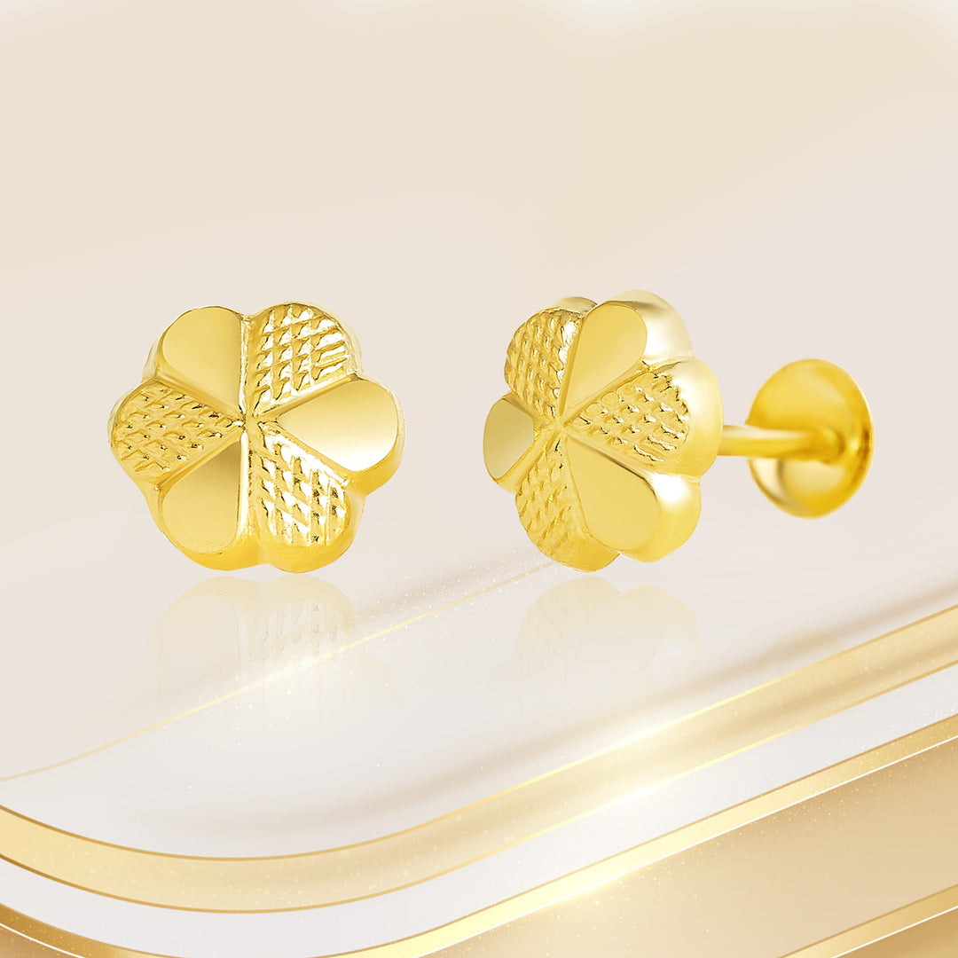 18K Real Gold Fine Flower Screw Earring Set