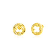 18K Real Gold Round Hollow Flower Screw Earring Set