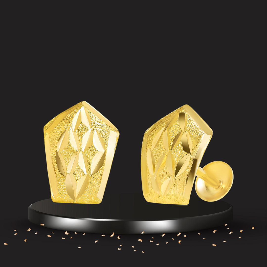 18K Real Gold Shield Shape Screw Earring Set