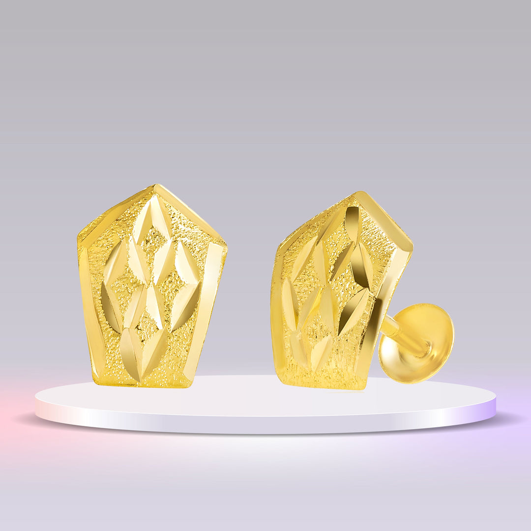 18K Real Gold Shield Shape Screw Earring Set