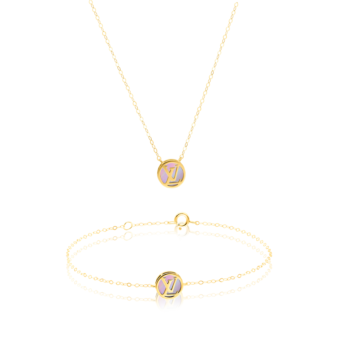 18K Real Gold Round Pink L.V Jewelry Set
