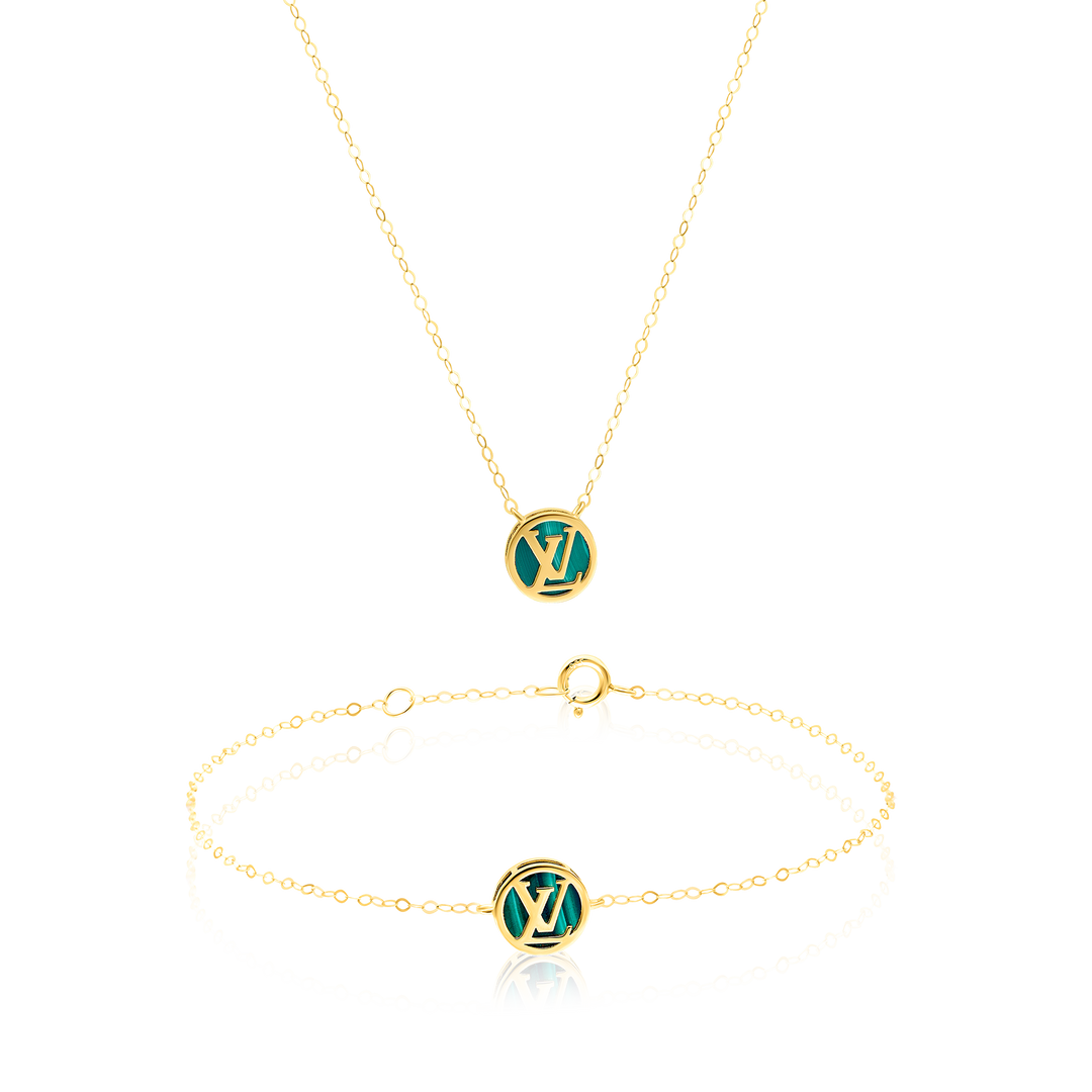 18K Real Gold Green L.V Pink Jewelry Set